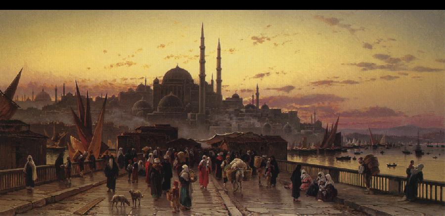 Hermann David Solomon Corrodi Dusk on the Galata Bridge and the Yeni Valide Djami, Constantinople